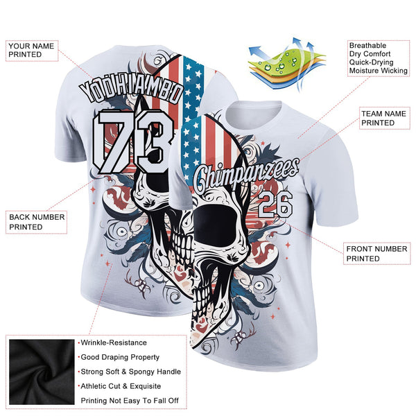 Custom White Black 3D Skull With American Flag Performance T-Shirt alternate