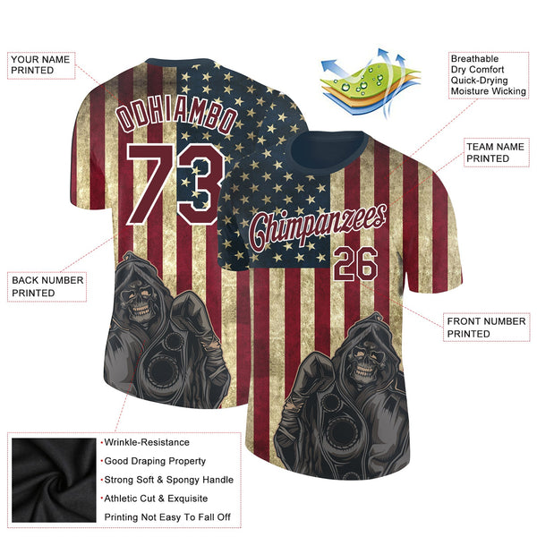 Custom Navy Crimson-White 3D Skull And American Flag Performance T-Shirt alternate