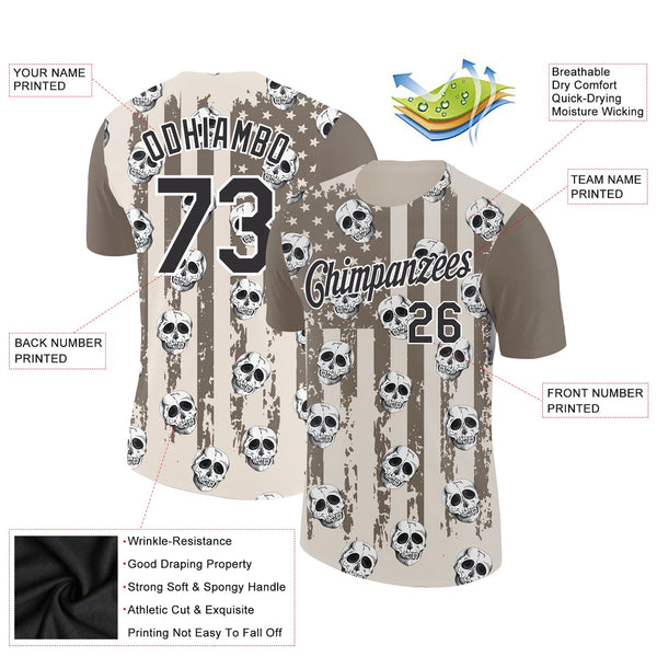 Custom City Cream Black-White 3D Skull And American Flag Performance T-Shirt alternate