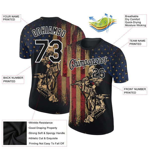 Custom Black White 3D Soldier And American Flag Performance T-Shirt alternate