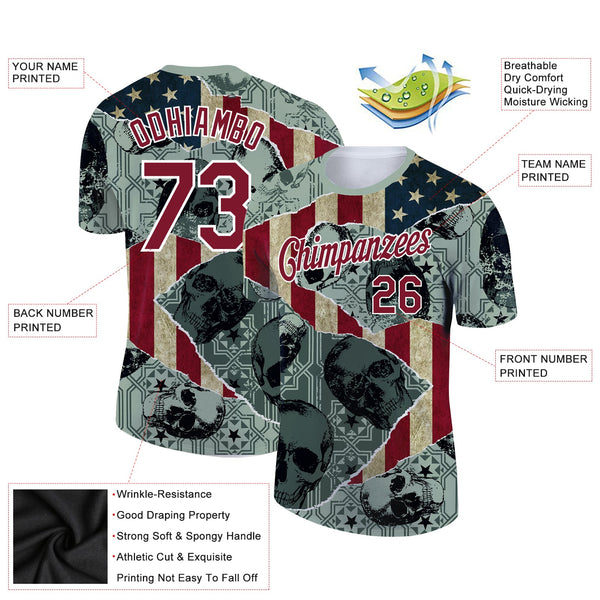 Custom Green Crimson-White 3D Skull With American Flag Performance T-Shirt alternate