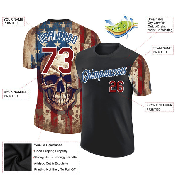 Custom Black Crimson-Blue 3D Skull With American Flag Performance T-Shirt alternate