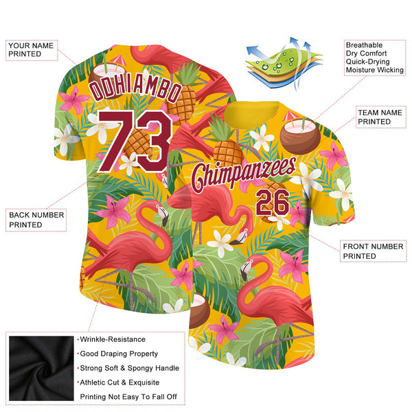 Custom Yellow Crimson-White 3D Pattern Design Tropical Hawaii Flamingo Performance T-Shirt alternate