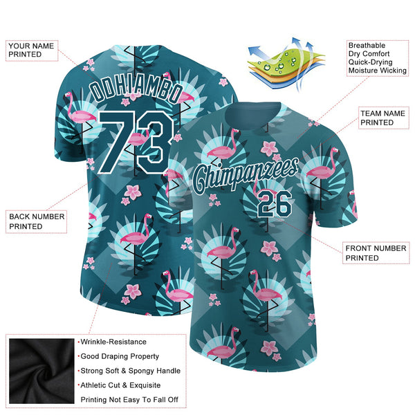 Custom Teal White 3D Pattern Design Tropical Hawaii Flamingo Performance T-Shirt alternate