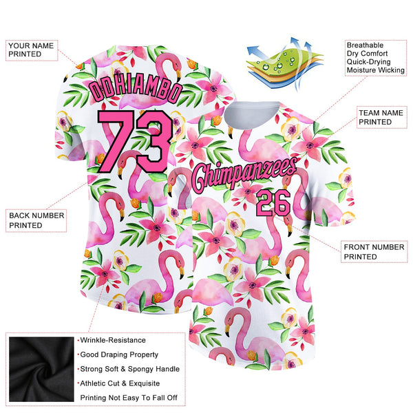 Custom White Pink-Black 3D Pattern Design Tropical Hawaii Flamingo Performance T-Shirt alternate