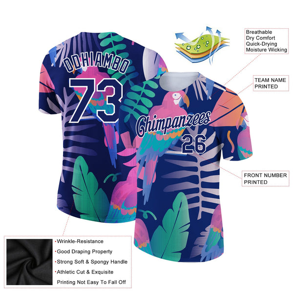 Custom Navy White 3D Pattern Design Tropical Hawaii Bird Performance T-Shirt alternate