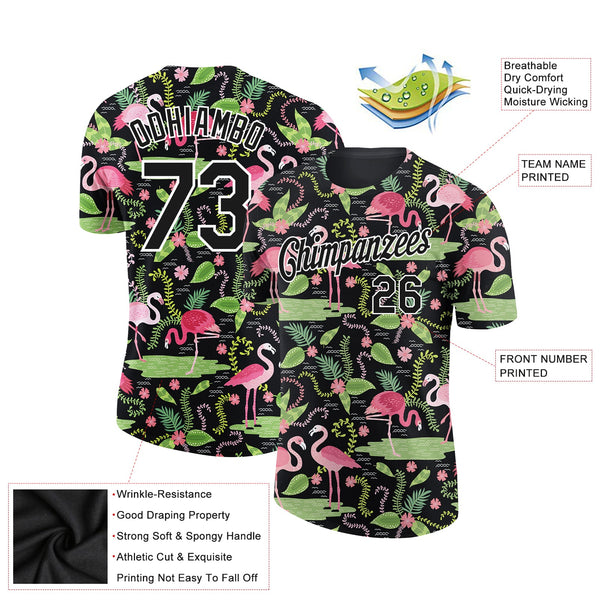 Custom Black White 3D Pattern Design Tropical Hawaii Flamingo Performance T-Shirt alternate