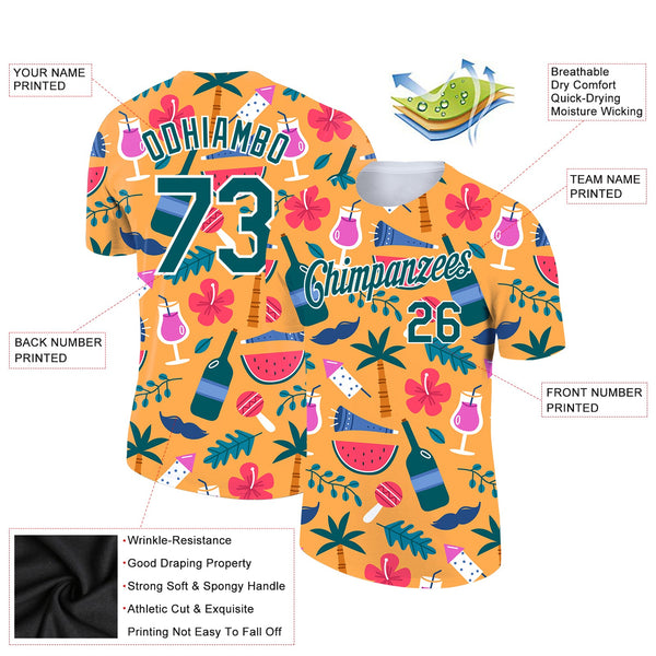 Custom Yellow Midnight Green-White 3D Pattern Design Hawaii Summer Holiday Performance T-Shirt alternate