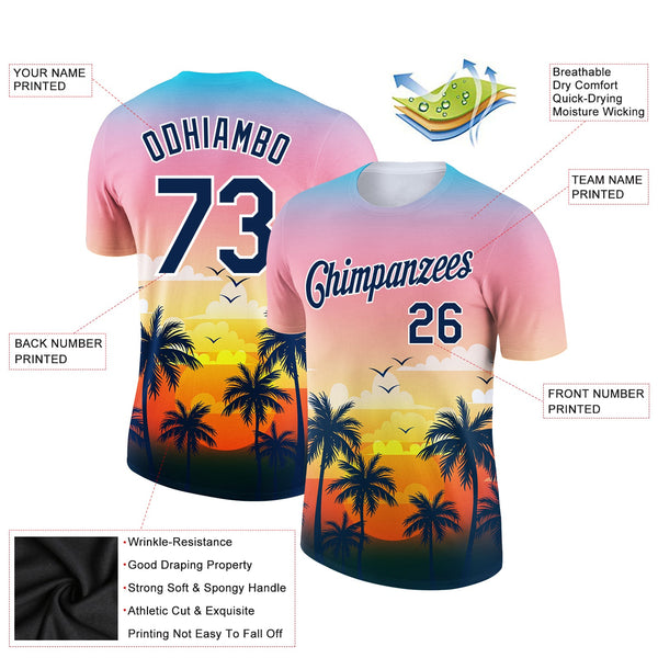 Custom Pink Navy-White 3D Pattern Design Hawaii Palm Trees Performance T-Shirt alternate