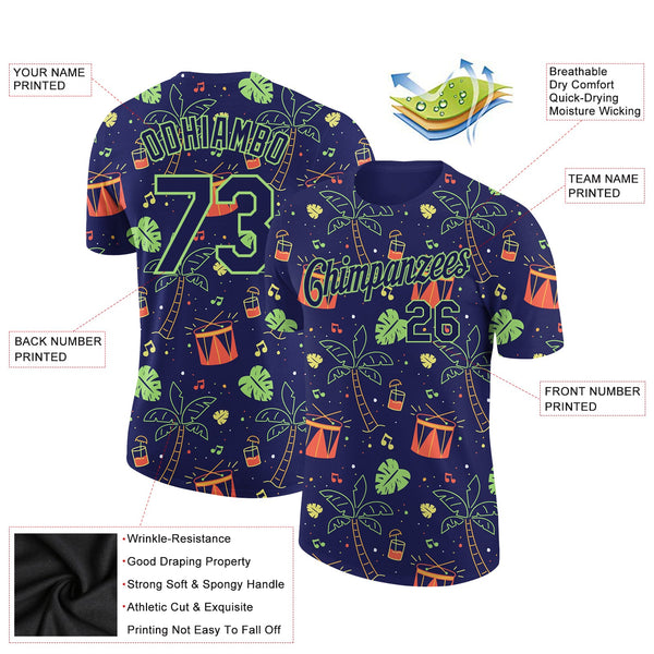 Custom Navy Pea Green 3D Pattern Design Hawaii Summer Holiday Party Performance T-Shirt alternate