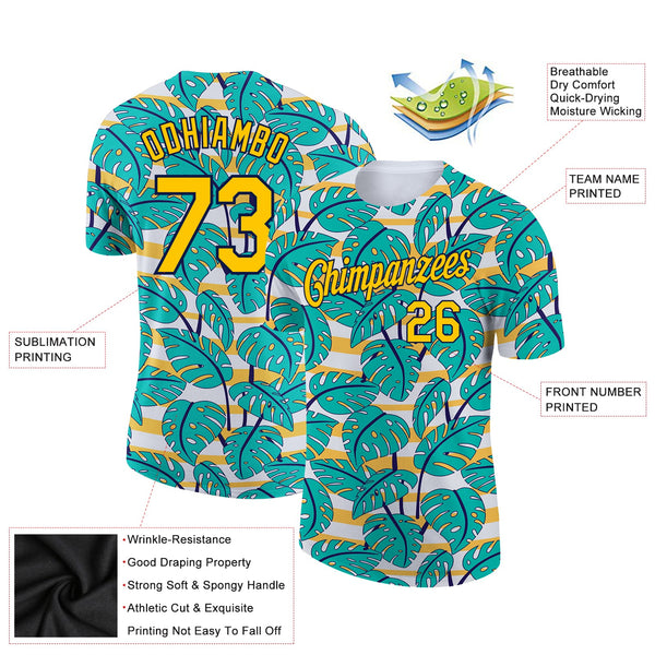 Custom White Yellow-Navy 3D Pattern Design Hawaii Palm Leaves Performance T-Shirt alternate
