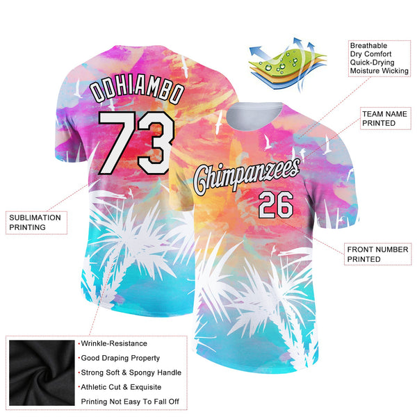 Custom White Black 3D Pattern Design Hawaii Palm Leaves Performance T-Shirt alternate