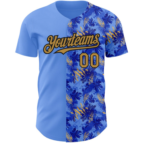 Custom Light Blue Old Gold-Black 3D Pattern Design Tropical Hawaii Palm Leaves Authentic Baseball Jersey alternate