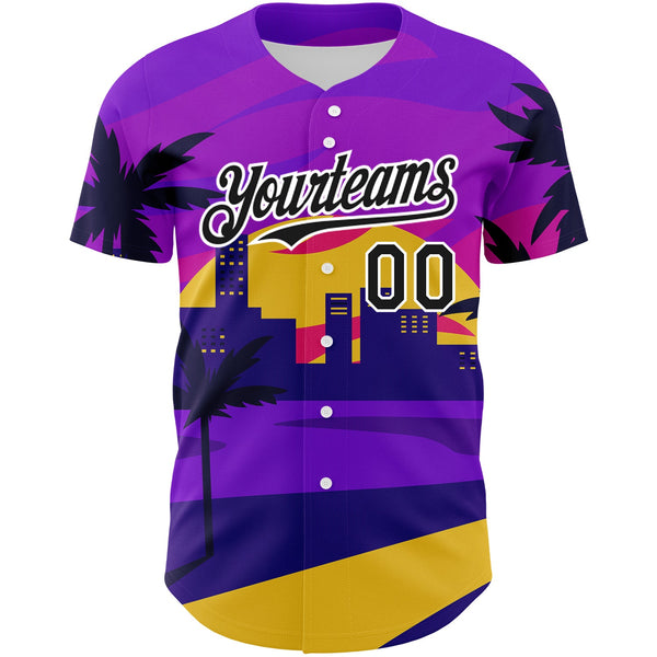 Custom Purple Black-White 3D Pattern Design Hawaii Palm Trees Authentic Baseball Jersey alternate