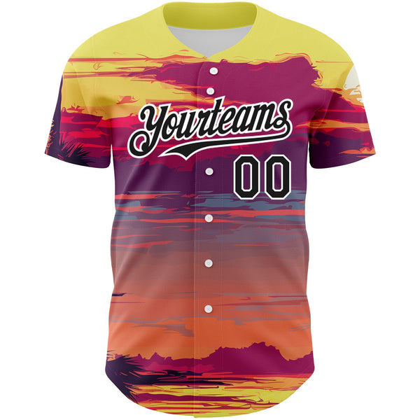 Custom Yellow Black-White 3D Pattern Design Beach Hawaii Palm Trees Authentic Baseball Jersey alternate