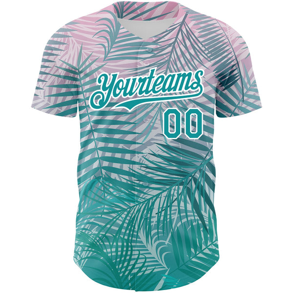 Custom Teal White 3D Pattern Design Tropical Hawaii Palm Leaves Authentic Baseball Jersey alternate
