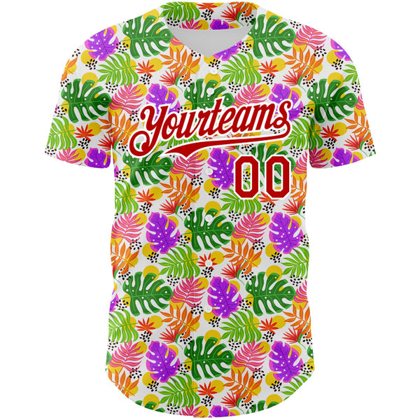 Custom White Red 3D Pattern Design Tropical Hawaii Palm Leaves Authentic Baseball Jersey alternate