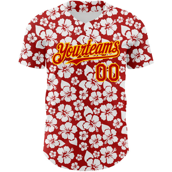 Custom Red Yellow 3D Pattern Design Tropical Hawaii Flower Authentic Baseball Jersey alternate