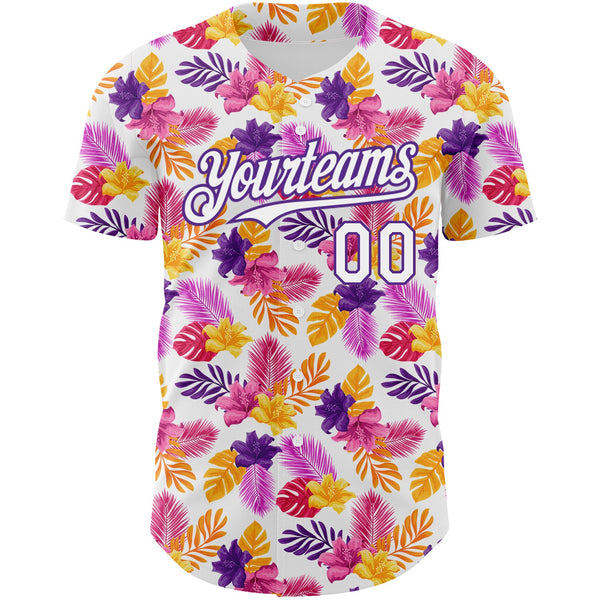 Custom White Purple 3D Pattern Design Tropical Flower And Hawaii Palm Leaves Authentic Baseball Jersey alternate