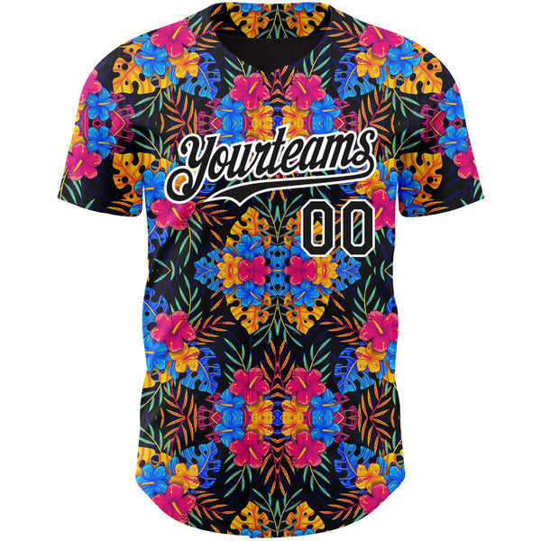 Custom Black White 3D Pattern Design Tropical Flower And Hawaii Palm Leaves Authentic Baseball Jersey alternate