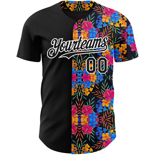 Custom Black White 3D Pattern Design Tropical Flower And Hawaii Palm Leaves Authentic Baseball Jersey alternate