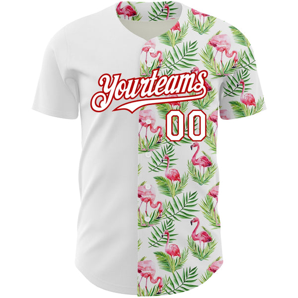 Custom White Red 3D Pattern Design Tropical Hawaii Palm Leaves And Flamingo Authentic Baseball Jersey alternate