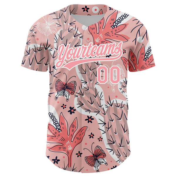 Custom Medium Pink White 3D Pattern Design Cactus Festival Authentic Baseball Jersey alternate