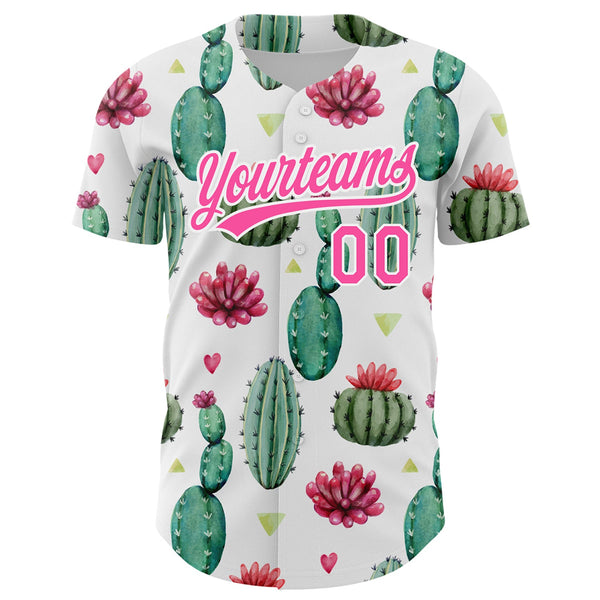 Custom White Pink 3D Pattern Design Cactus Festival Authentic Baseball Jersey alternate