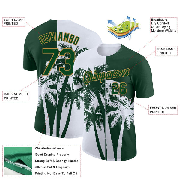 Custom Green Old Gold-White 3D Pattern Design Hawaii Coconut Trees Performance T-Shirt alternate