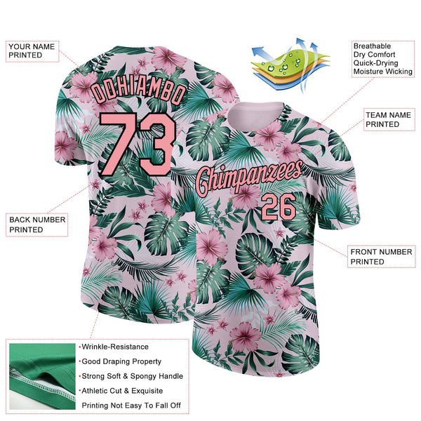 Custom Pink Medium Pink-Black 3D Pattern Design Hawaii Palm Leaves And Flowers Performance T-Shirt alternate
