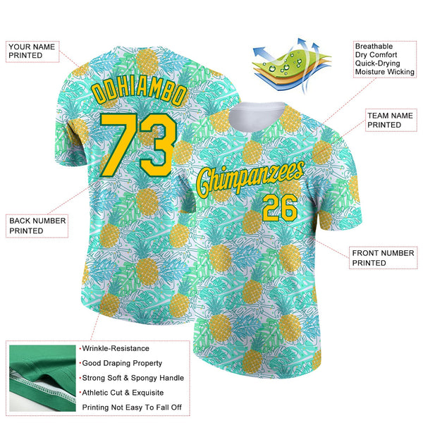 Custom White Yellow-Kelly Green 3D Pattern Design Hawaii Tropical Palm Leaves And Pineapple Performance T-Shirt alternate