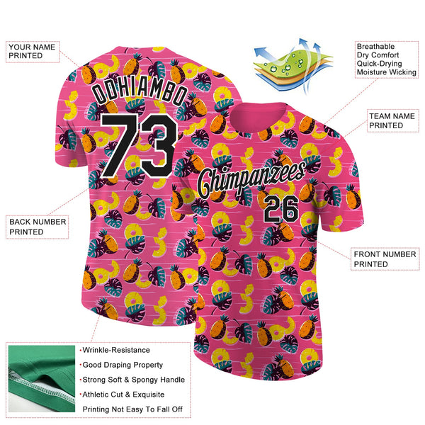 Custom Hot Pink Black-White 3D Pattern Design Hawaii Tropical Palm Leaves And Pineapple Performance T-Shirt alternate