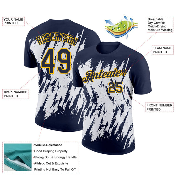 Custom Navy White-Gold 3D Pattern Design Abstract Sharp Shape Performance T-Shirt alternate