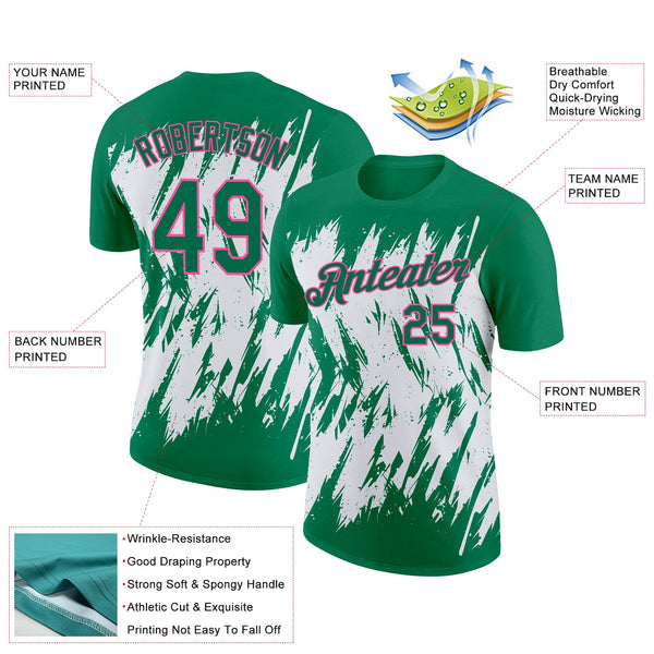 Custom Kelly Green White-Pink 3D Pattern Design Abstract Sharp Shape Performance T-Shirt alternate