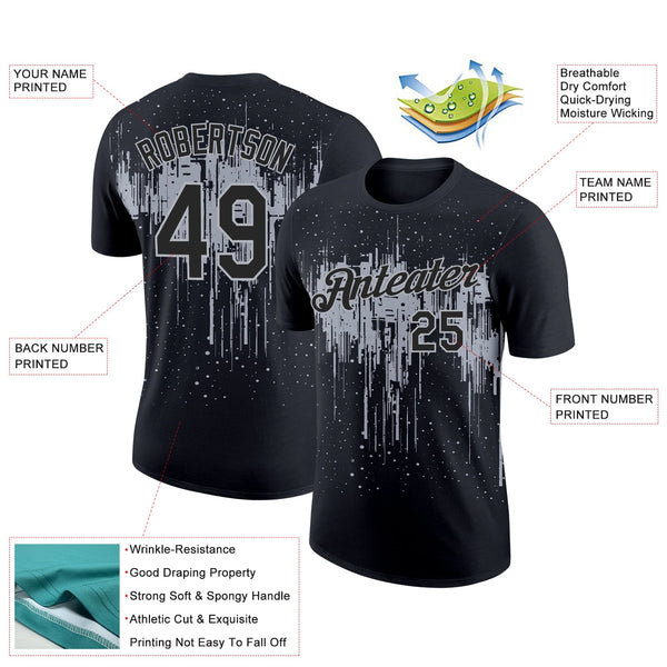 Custom Black Gray 3D Pattern Design Dripping Splatter Art Performance T-Shirt alternate