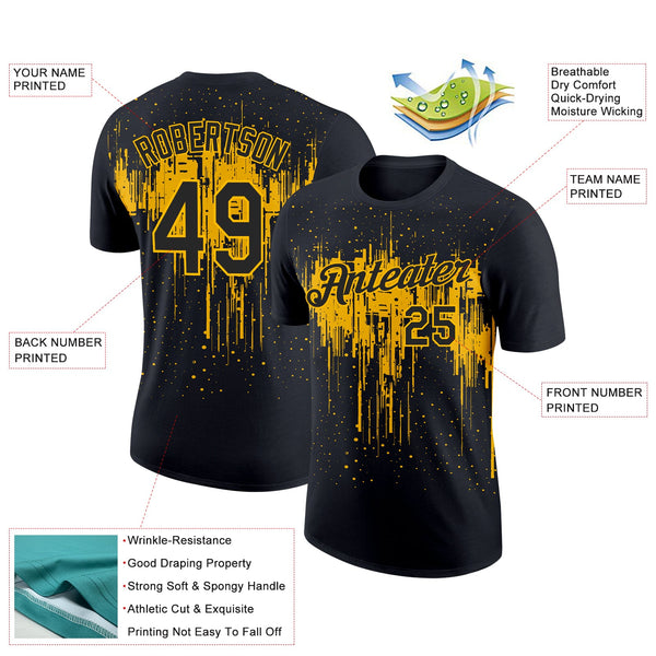 Custom Black Gold 3D Pattern Design Dripping Splatter Art Performance T-Shirt alternate