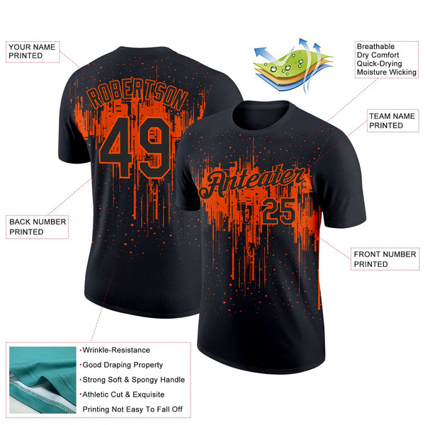 Custom Black Orange 3D Pattern Design Dripping Splatter Art Performance T-Shirt alternate