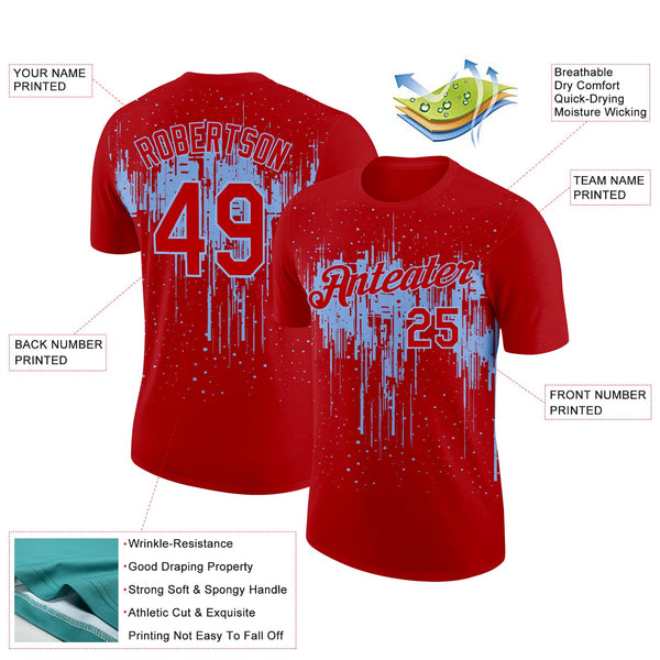 Custom Red Light Blue 3D Pattern Design Dripping Splatter Art Performance T-Shirt alternate
