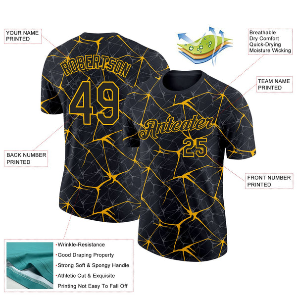 Custom Black Gold 3D Pattern Design Abstract Network Performance T-Shirt alternate