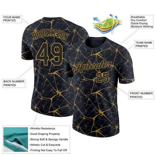 Custom Black Old Gold 3D Pattern Design Abstract Network Performance T-Shirt alternate