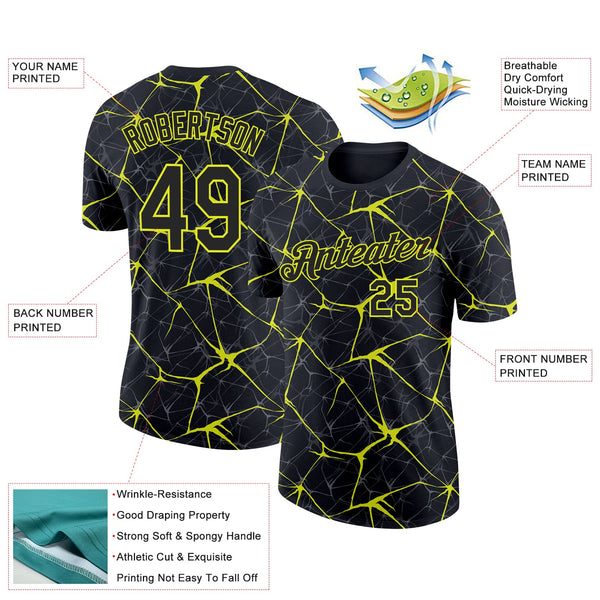 Custom Black Neon Yellow 3D Pattern Design Abstract Network Performance T-Shirt alternate