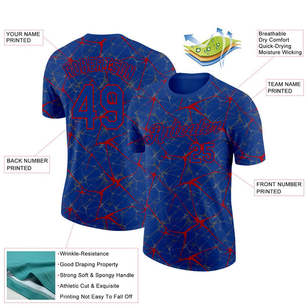 Custom Royal Red 3D Pattern Design Abstract Network Performance T-Shirt alternate