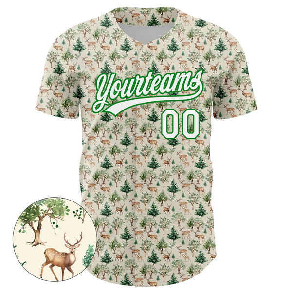 Custom Cream White-Grass Green 3D Pattern Design Animal Deer Authentic Baseball Jersey alternate