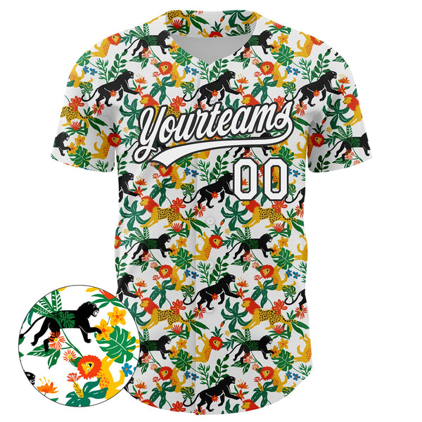 Custom White Black 3D Pattern Design Animal Lion And Leopard Authentic Baseball Jersey alternate