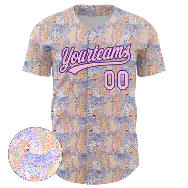 Custom Light Pink Purple 3D Pattern Design Animal Leopard Authentic Baseball Jersey alternate
