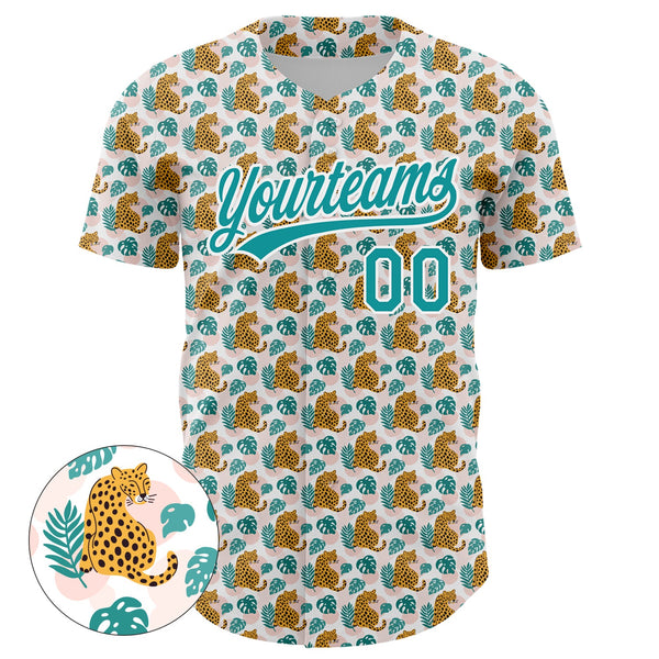 Custom White Teal 3D Pattern Design Animal Leopard Authentic Baseball Jersey alternate