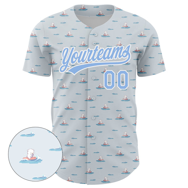 Custom Gray Light Blue-White 3D Pattern Design Animal Dog Surfing Authentic Baseball Jersey alternate