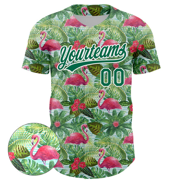 Custom White Kelly Green 3D Pattern Design Animal Flamingo And Hawaii Palm Leaves Authentic Baseball Jersey alternate
