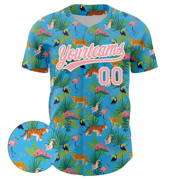 Custom Sky Blue Medium Pink-White 3D Pattern Design Animal Tiger Leopard Flamingo And Hawaii Palm Leaves Authentic Baseball Jersey alternate