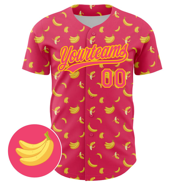 Custom Neon Pink Yellow 3D Pattern Design Fruit Banana Authentic Baseball Jersey alternate